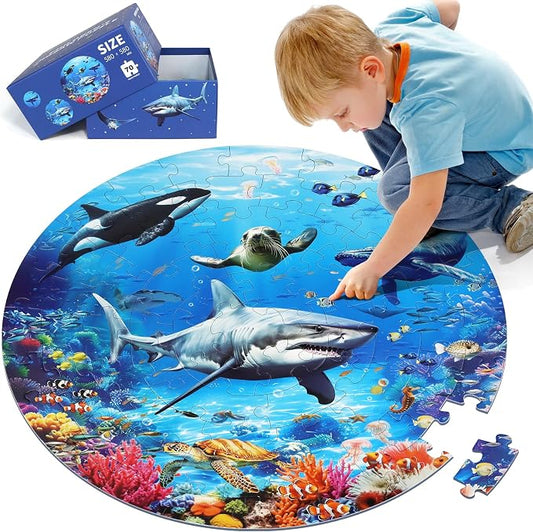DIGOBAY Underwater Ocean Floor Puzzle for Kids Ages 4-6, Shark Toys for Boys Girls, 70 Pieces Large Jigsaw Shark Puzzles for Kids Ages 4-8, Educational Ocean Animals Toys for Birthday Christmas