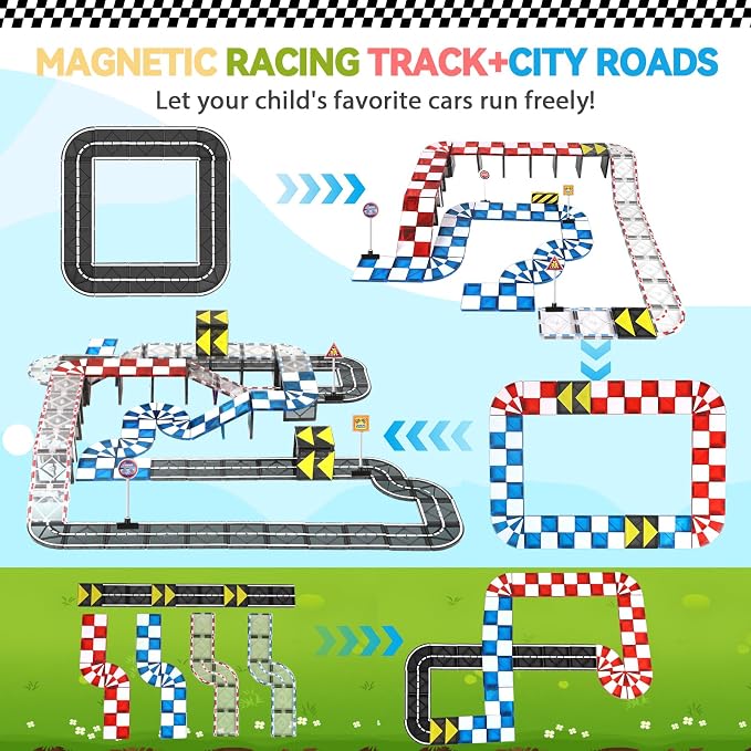 Magnetic Tiles Building Blocks for 3 4 5 6 7 8+ Years Old Boys Girls Colorful Magnet Stacking Toys Birthday Gift for Toddlers STEM Preschool Educational Construction Tiles Set (Multicolor Road)