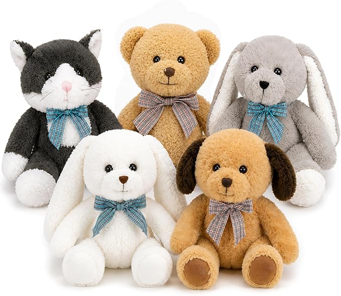 MaoGoLan 5Pcs Plush Animal Set, 13 Inch Stuffed Animals Bulk with Teddy Bear, Floppy Bunnies, Puppy and Kitty, Soft Plushies Bundle for Kids Girls Teens, Birthday Christmas Party Favors Room Decor