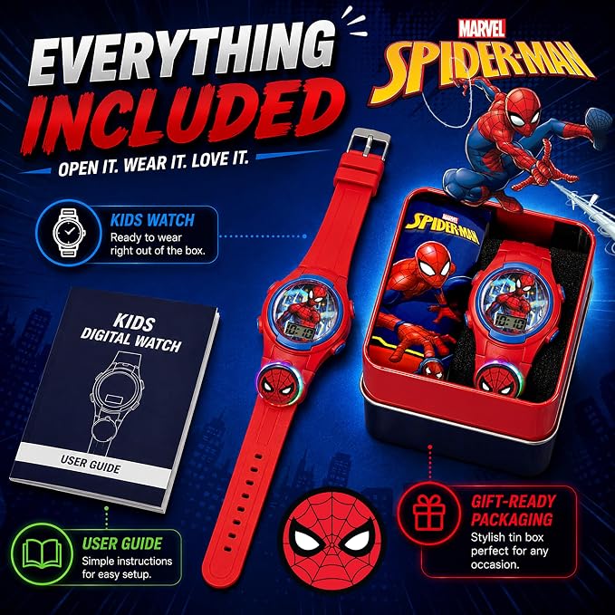 Marvel Spider-Man Kids Watches – Digital Display, Interactive Features, Adjustable Strap, Vibrant Spider-Man Graphics, Durable for Active Kids