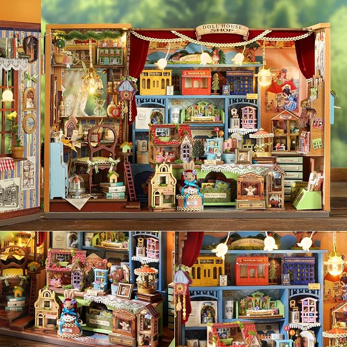 TuKIIE DIY Miniature House Kit with Furniture, 1:24 Scale Creative Room Opened & Closed Wooden Doll House Book Nook Plus Dust Proof for Kids Teens Adults(Dollhouse Shop)
