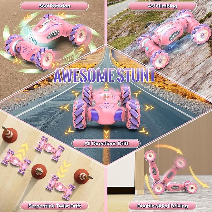 Fosgoit Pink Remote Control Car Toys Gifts for Girls 6-12, with Light & Music & Spray, 2.4Ghz 4WD Double-Sided 360° Rotating Gesture Sensing RC Stunt Car, Birthday for Girls Kids