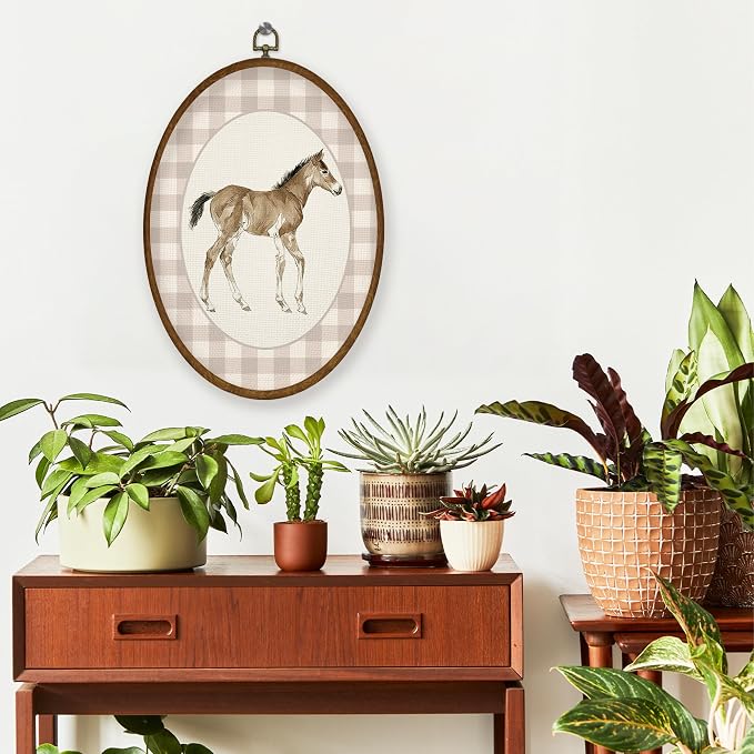 WULQYING Vintage Baby Horse Nursery Wall Art Decor, Kids Playroom Oval Framed Canvas Art Prints, Neutral Gingham Foal Horse Animal Wall Hanging Decor for Kids Toddler Room Bedroom, 8.6x11.4 Inches
