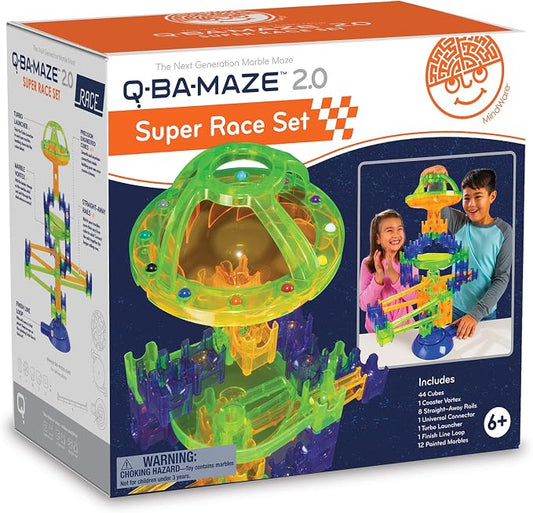 MindWare Q-BA-Maze 2.0 Super Race Set, STEM Marble Run Building Kit with Turbo Launcher and Racing Tracks, Creative Engineering Toy for Kids Ages 6+, Logic and Construction Gift