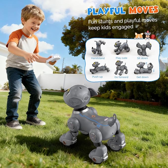 PRANITE Robot Dog, Programmable Remote Control Dog Toy for Kids with One-Key Following, Voice Control, Touch, Dance, Sing, Smart RC Stunt Puppy Toy Gift for Boys Girls (Gray)