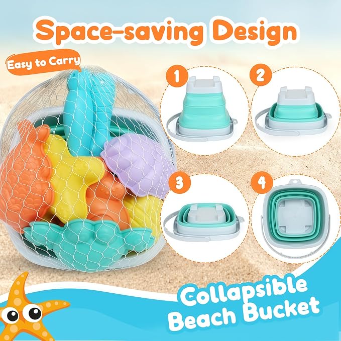 USATDD Beach Toys for Kids with Collapsible Bucket, Sand Molds Rake and Shovel, Collapsible Beach Bucket Travel Sand Toys for Toddlers Kids