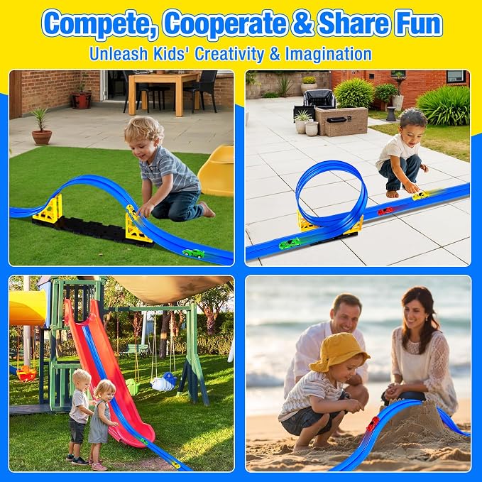 Flex Tracks 16.4 Ft Flexible Race Track for Kids Portable DIY Roll-Up Race Car Track Compatible with Diecast 1/64th Cars Birthday Gifts Easter Basket Stuffers for Kids for Boys Girls Ages 3+