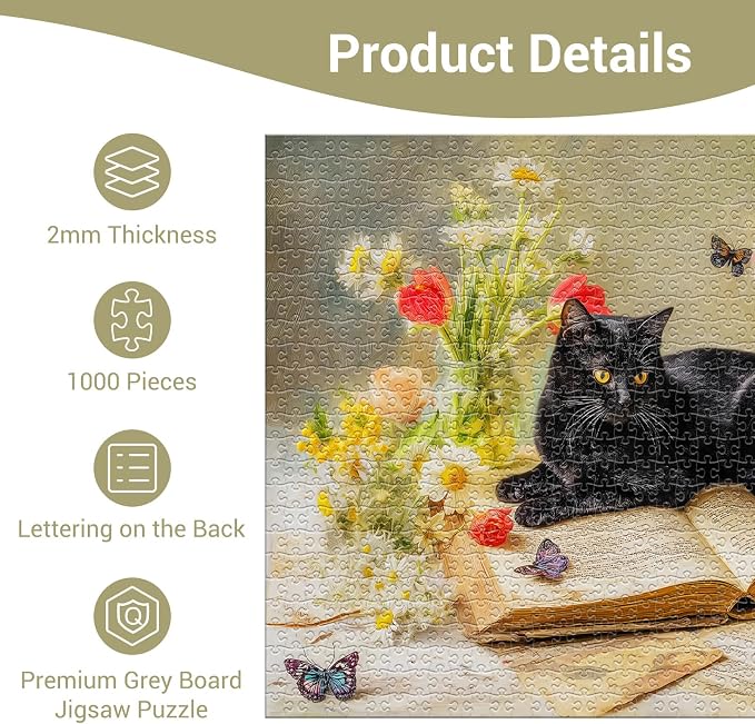 Cat on Book with Flowers Puzzles for Adults 1000 Pieces, Impossible Hard Difficult Challenging Jigsaw Puzzle 1000 Pieces, Christmas Birthday Gifts Home Decor for Adults/Friends/Family
