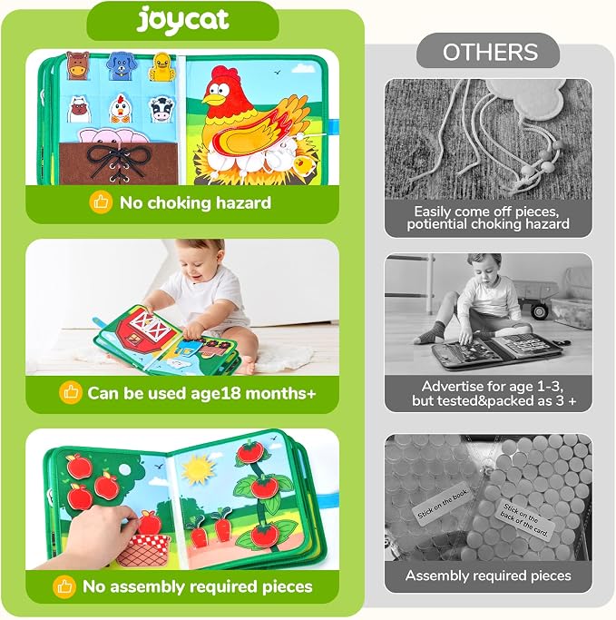 JoyCat Farm Busy Book for Toddlers 1–3 – Quiet Montessori Activity Book with 15 Daily Life Activities, Screen-Free Travel Toy for Toddlers, Easter Basket Stuffers Gifts Kids