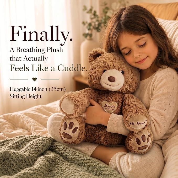 Breathing Teddy Bear Stuffed Animal for Anxiety Relief - Cuddly Breathing Plush with Calming Sounds and Gentle Light - Sleep Companion for Kids 3+, Teens and Adults - Machine Washable