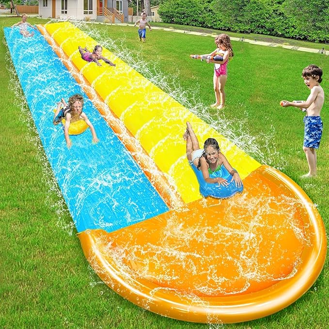 30 Ft Extra Long Slip Water Slide with Sprinkler, Heavy Duty Lawn Water Slide for Kids Adults, Double Lane Water Slide with 2 Bodyboards, Backyard Lawn Summer Outdoor Water Toys for Water Party Play