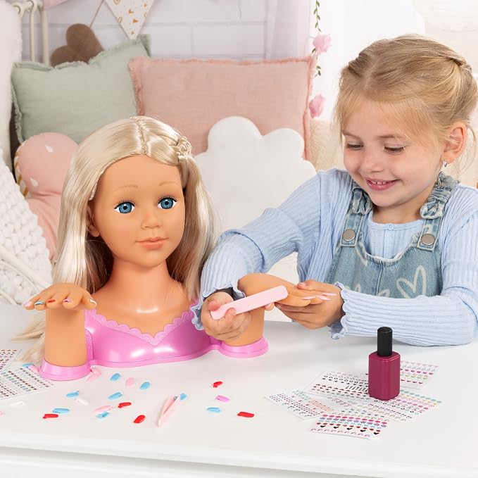 Bayer Design Charlene Magic Nails Styling Head Doll with Hair & Nail Art, 10.5 in Tall Bust, Movable Hands, Beauty Salon Toy for Kids Ages 3+
