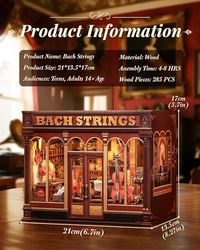 Book Nook Kit, DIY Miniature Music Workshop-Themed, 3D Wooden Puzzle Dollhouse with LED Lights, Bookend & Creative Bookshelf Decor, Craft Gifts for Family and Friends & Music Lovers (Bach Strings)