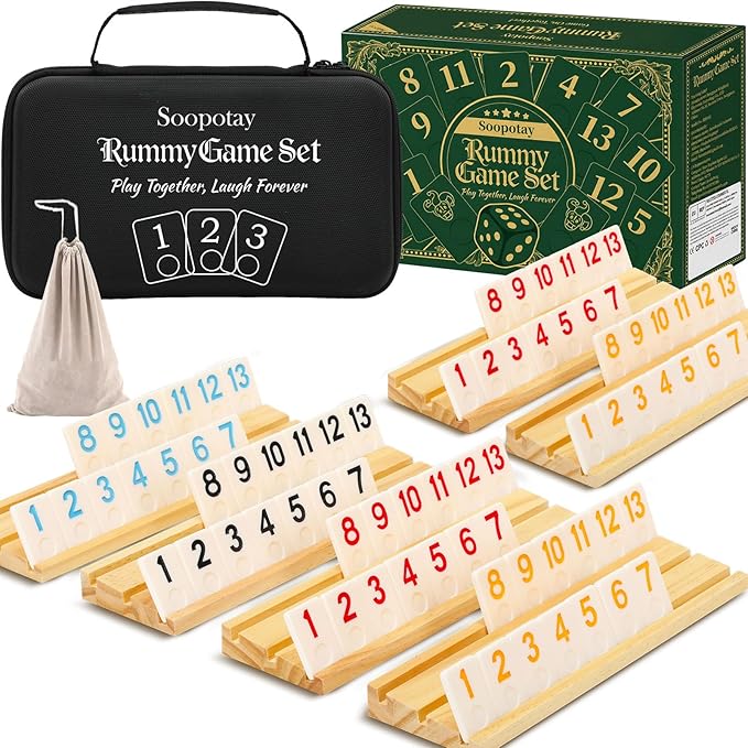 2-6 Players Rummy Game Gifts for Men Women Father Mother, Rummy Game W/ 6 Wooden Racks, 160 Melamine Tiles, Drawstring Bag, Portable Case, Family Board Games for Adults & Kids Age 8+