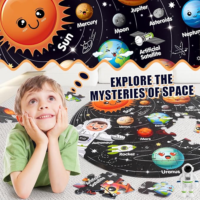 Puzzles for Kids Ages 4-6, Solar System Planets Flash Cards & Astronaut Figures & Satellite, 70 Piece Round Large Floor Jigsaw Puzzles, Educational Toy Gift for Ages 3 4 5 6 7 8 10 Year Old Boys Girls