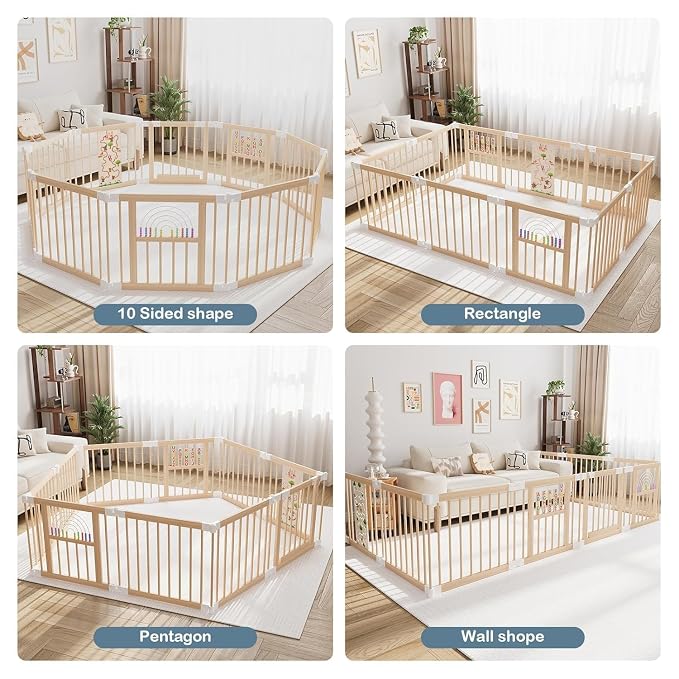 Ulnxiy Wooden Baby Playpen with Montessori Toys, 10-Panel Foldable Wood Play Yard for Toddlers, 84"x56" Large Baby Fence with Safety Lock, CPC Certified Natural Pine Wood Activity Center