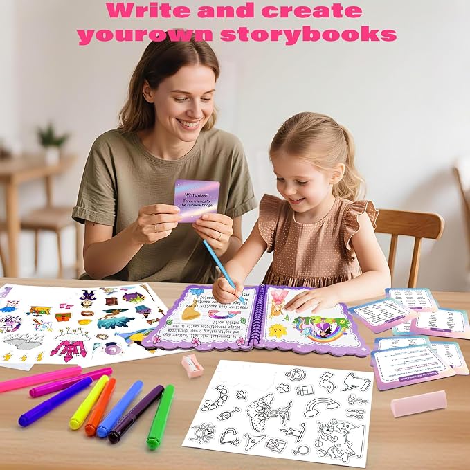 Storybook Art Kit, Make Your Own Story Book, DIY Writing Journal with 400+ Stickers, 24 Pens, 2 Scrapbooking & Journal Supplies, Hardcover Book Making Kit for Kids Easter Gifts for Girls Ages 5-10