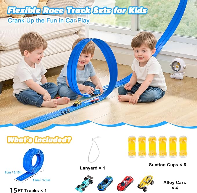 Flexible Race Track for Kids - 15 Ft Flex Track Race Car Tracks with Car Ramp Toy, Fit for Monster Truck Track & Kids' Play Cars, Race Tracks for Toddlers 3+, Gifts for Boys Girls (Dark Blue)