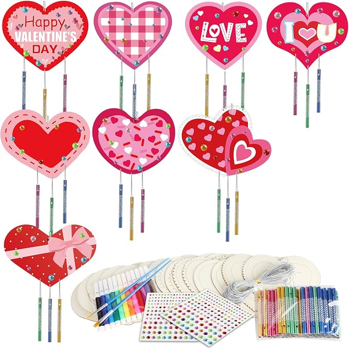 gisgfim 16 Pack Heart Wind Chime Crafts Kits for Kids Make Your Own Valentine's Day Craft Love Crafts Wooden DIY Arts for Valentine Party School Classroom Decorations Supplies Birthday Favors