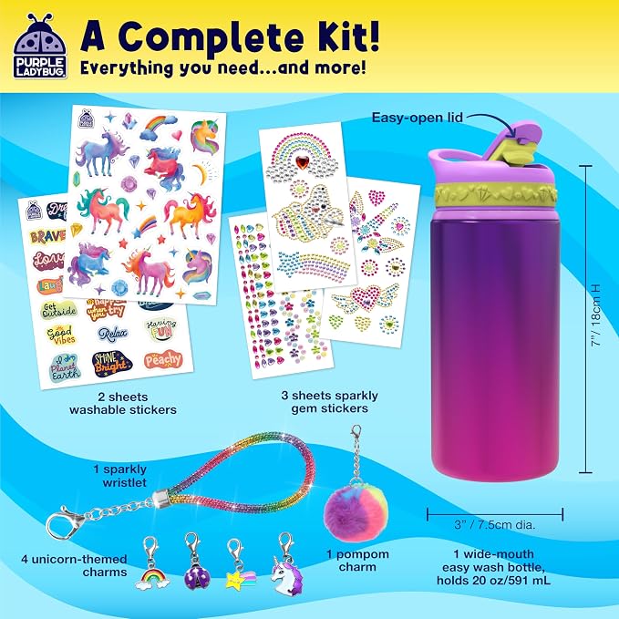 PURPLE LADYBUG Decorate Your Own Water Bottle Kit for Girls - Gift for Girls Ages 5 6 7 8 9 10 Year Old Girl Birthday Gift, Unicorn Toys Crafts Kids Ages 6-12 Summer Crafts for Kids