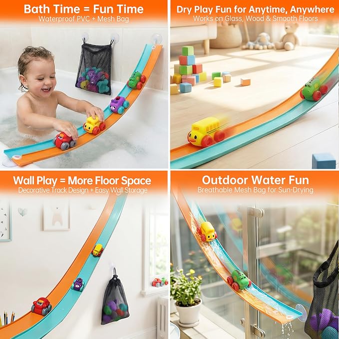 Resosese Race Car Bath Toys Set, 8-Piece Extra Long Flexible Bathtub Track Set with 4 Mini Cars, Suction Cups & Mesh Storage Bag, DIY Water Slide Toy Gift for Boys Girls Ages 3+