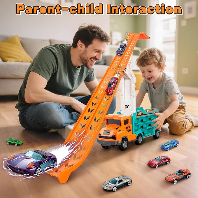 Kids Toys for 3 4 5 6 7 8 Years Old Boys, Carrier Truck Transport Car Toys, Foldable 2 Layer Car Race Track Playset with 25-in Race Track, 6 Metal Toy Cars, Birthday Toy Gift for Toddler-Orange