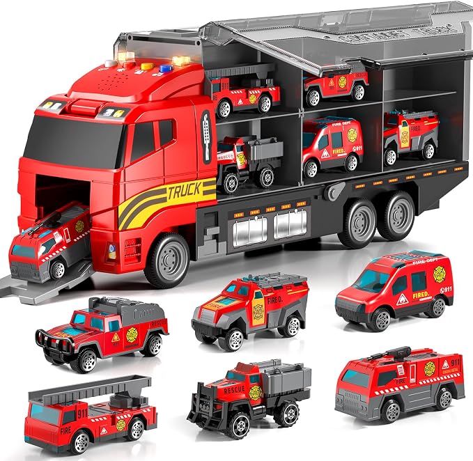 Toddler Boys Fire Truck Set: Fire Car Toy for Boy 3 4 5 6 Years Old | with Play Mat and Die-Cast Toy Car | Birthday Gifts Toys for 3-8 Year Old Boys | Girl Toys Cars with Light and Sound