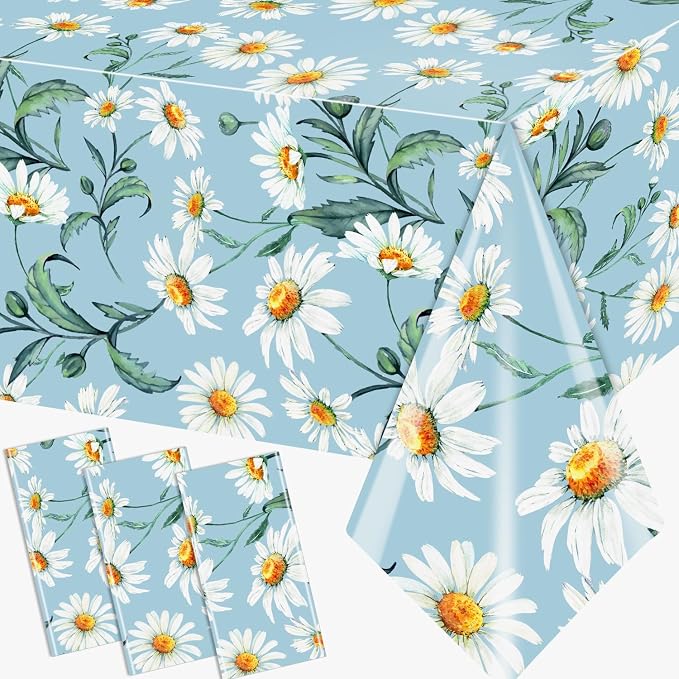 Spring Daisy Flower Tablecloth,3pcs Blue Flower Table Covers Plastic Rectangle Tablecloth for Retro Theme Daisy Birthday Party Decor