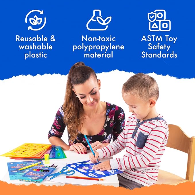 Mimtom Drawing Stencil Kit for Kids, 51 PC Art Set with 240+ Shapes, Sketch Pad, and Colored Pencils for Children's DIY Arts and Crafts, Draw with Animal, Letter and Car Stencils, Blue