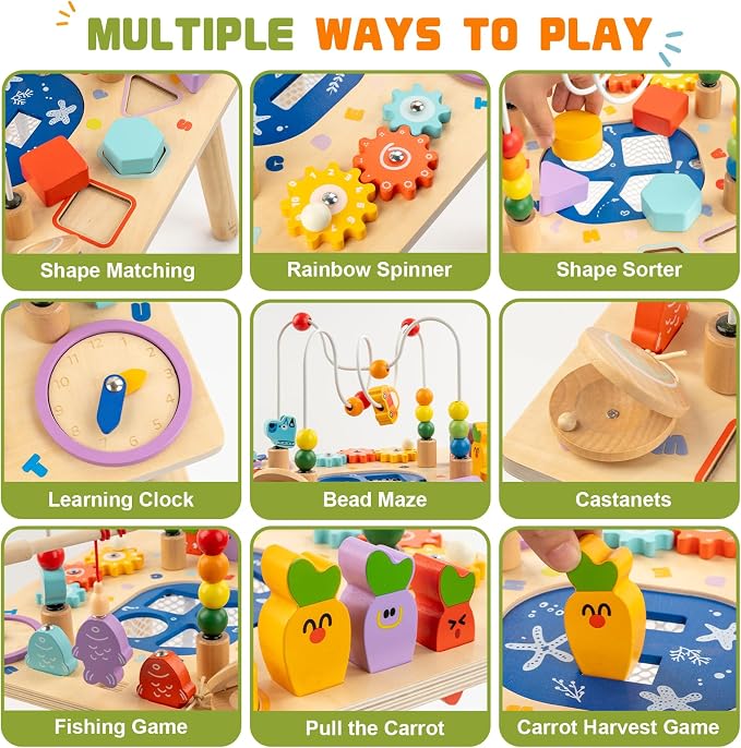 Baby Activity Table for 1 Year Old, Wooden Sensory Table Activity Center with Bead Maze with Shape Sorter Fishing Game, 8 in 1 Learning Toys for Baby 12+ Months Boys Girls Gifts