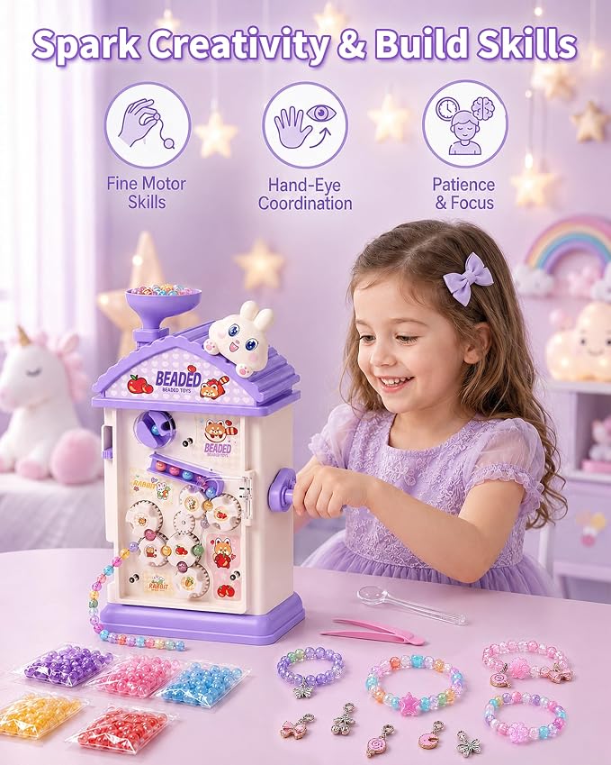 STACTCUTE Bracelet Maker Machine for Girls 6-12, Mess-Free DIY Charm Jewelry Making Kit with 800+ Beads and Mechanical Spinner, No Battery Bead Stringing Toy, Birthday Gifts for Kids 6 7 8(Purple)
