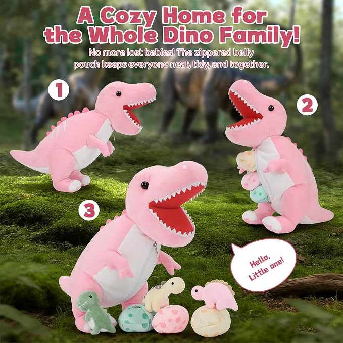 MorisMos Dinosaur Stuffed Animal with Babies Inside Belly, 23.6'' Interactive Talking Mommy Stuffed Dino T-rex Plush with 3 Baby Dinos & Eggs, Boy Girl Dinosaur Toys for Kids 3-8, Pink T-rex Toys Gift
