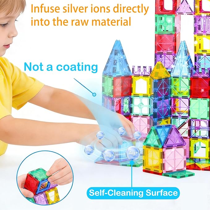 Antibacterial Magnetic Tiles 32PCS, STEM Toy for Kids Aged 3+ | Bacteria resistant, Safer play, EPA-registered, Fits other brands, ABS plastic, Montessori toy, Daycare, Classroom gift