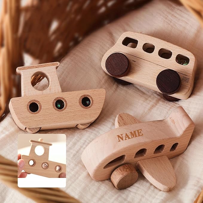 Wooden Cars for Toddlers 1-3, Wooden Vehicles Baby Cars Set with Bus, Airplane and Boat, Montessori Rattle Toys with Rolling Beads, Ideal for Boys and Girls