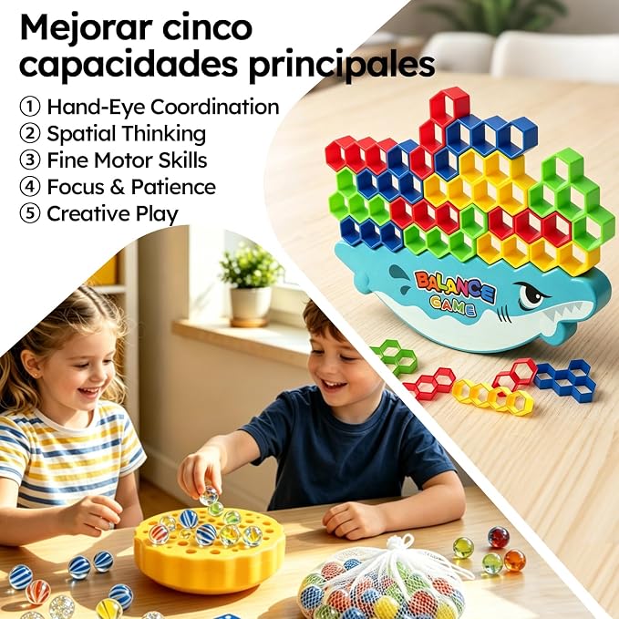 Balance Building Blocks Game 48PC – 3-in-1 Shark Edition with Marble Balance, Hexagon Stacking Tower & Tile Creation | Strategy & Challenge Cards Included | STEM Toy for Kids Ages 3+ Family Game Night