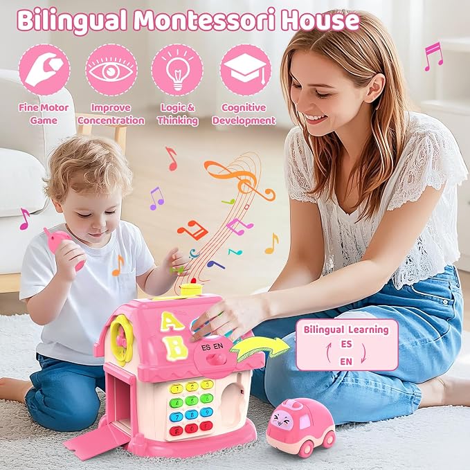 Toys for 1 Year Old Girl Gifts, 12-in-1 Bilingual Musical Learning House | Bilingual Early Learning 12-in-1 Montessori Activities for Musical Sensory Development, 1st First Birthday Gift for Baby Girl