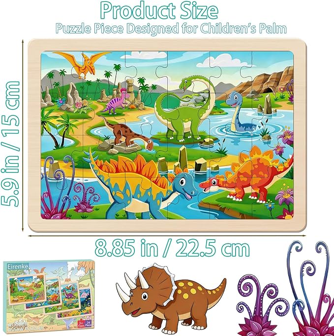 Wooden Puzzles Dinosaur Toys for Kids Ages 4-6, 4 Packs 24 Piece Wooden Jigsaw Puzzles Preschool Educational Brain Teaser Boards Toys Gifts for Boys and Girls 3 4 5 6 Years Old