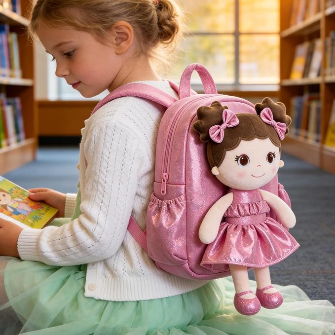 Lazada Toddler Backpack - Baby Girl Gifts Curly Fingerprints Plush Doll Dress Backpack - Fashion Girls Curly Rolled Fingerprints Series - Peach 11 Inches