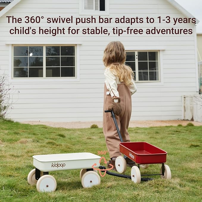 Kidpop Pula-Mini First Wagon for Toddlers, 4-Wheel Baby Pull Toy Cart for Kids Ages 1-3, Indoor & Outdoor Push Walker Toy, Ideal 1 Year Old Birthday Gifts (Red)