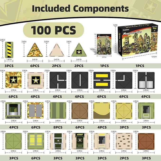 GobiDex 100PCS Army Magnetic Tiles for Toddler, STEM Construction Building Blocks for Kids Military Toys Games, Upgraded Educational Birthday Gifts Toys for 3+ Year Old Boys Girls, Classroom Must Have