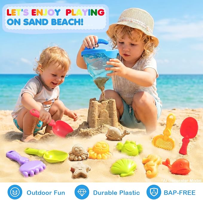 11 PCS Kid Beach Toys,Sand Water Funnel with No Partition, Silicone Plug,Beach Shovels and Sand Molds for Kids Boys Girls Ages 3-13