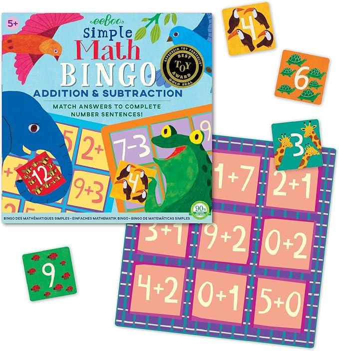 eeBoo: Simple Math Bingo Game for Kids Ages 5+, Addition & Subtraction Learning Game That Builds Skills & Conversation