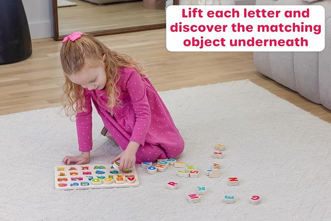 Jasey's Toy Chest Wooden Alphabet Puzzle | ABC Letter Learning Puzzle with Easy-Grip Pieces | Preschool Educational Toy for Toddlers Ages 18+ Months