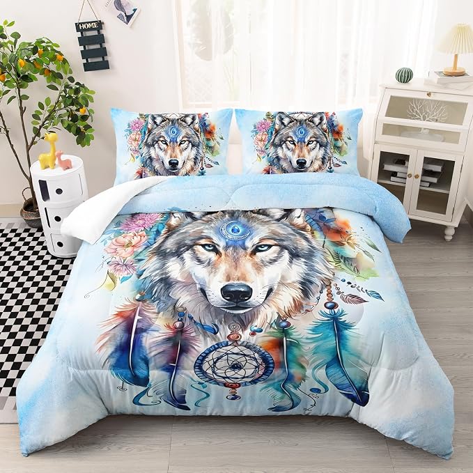 AILONEN Wolf Comforter Set - Dream Catcher Bedding Queen Size with 2 Pillowcases, Native American Wolf Printed Duvet Set, 3 Pieces