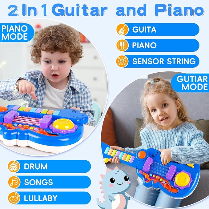 Dinosaur Kids Guitar 2-in-1 Musical Instruments for 3 4 5 Year Old Boys Girls Gifts, Toddler Electric Guitar Piano Toy with Strap & Dino Design (Blue)