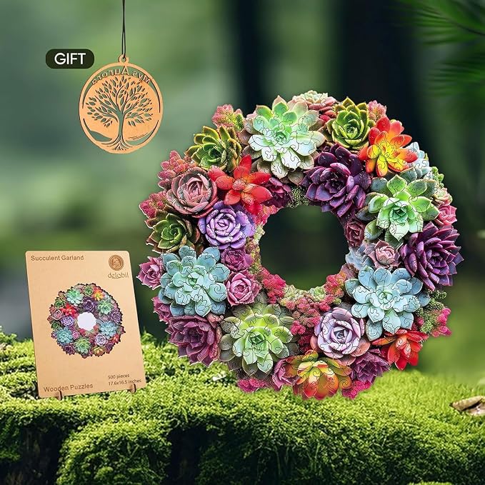 Delobil Succulent Garland Wooden Puzzles for Adults, 500 Pieces Mandala Jigsaw Puzzles, Unique Shaped Royal Size Wood Puzzle Gift for Kids, Family Game 17.6'' x 16.5''