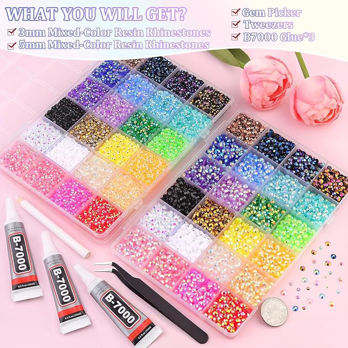 2 Boxes Jelly Rhinestones for Bedazzling, 38500Pcs 3mm&5mm Multicolor Flatback Resin Gems for Crafting, Bedazzler Kit with 3Pcs 10ml B7000 Jewelry Glue for DIY Crafts Tumblers Fabric Decor Nail Art