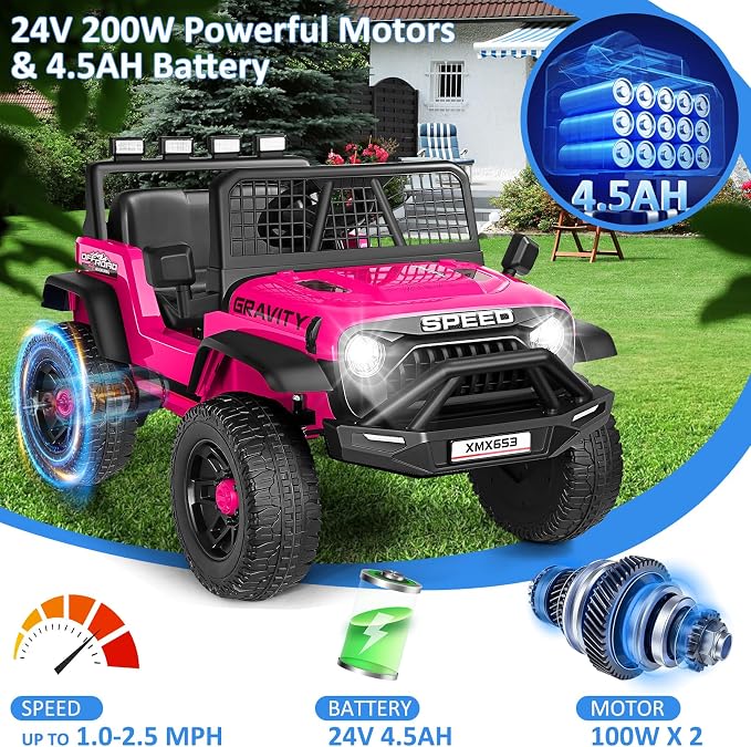Hikole 24V Electric Car for Kids Ages 4-8 w/Parent Remote, Battery Powered Truck Toys for Toddler Boys Girls, Spring Suspension, Safety Belt, Music Player, 3 Speeds, Bright LED Light, Pink