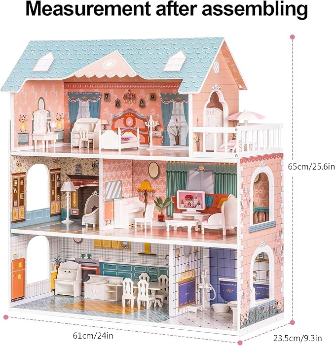 ROBUD Wooden Dollhouse for Kids Girls, Toy Gift for 3 4 5 6 Years Old, with Furniture Blue