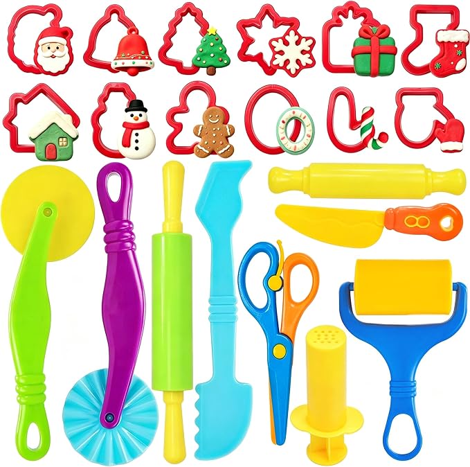 Dough Tool Set, 21 Pcs Dough Tools Sets for Kids Ages 4-8, Dough Accessories Includes Cutters Roller, Rolling Pins, Safety Scissors, Plastic Knife, Christmas Shapes Cutters